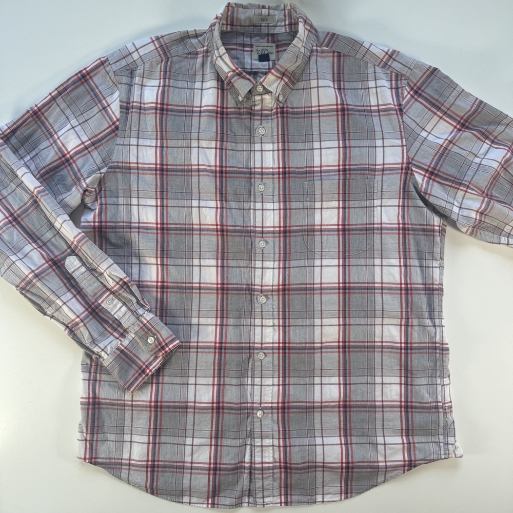 J CREW Stretch Secret Wash Shirt LS Button Down Poplin Gray Red Plaid Mens XL